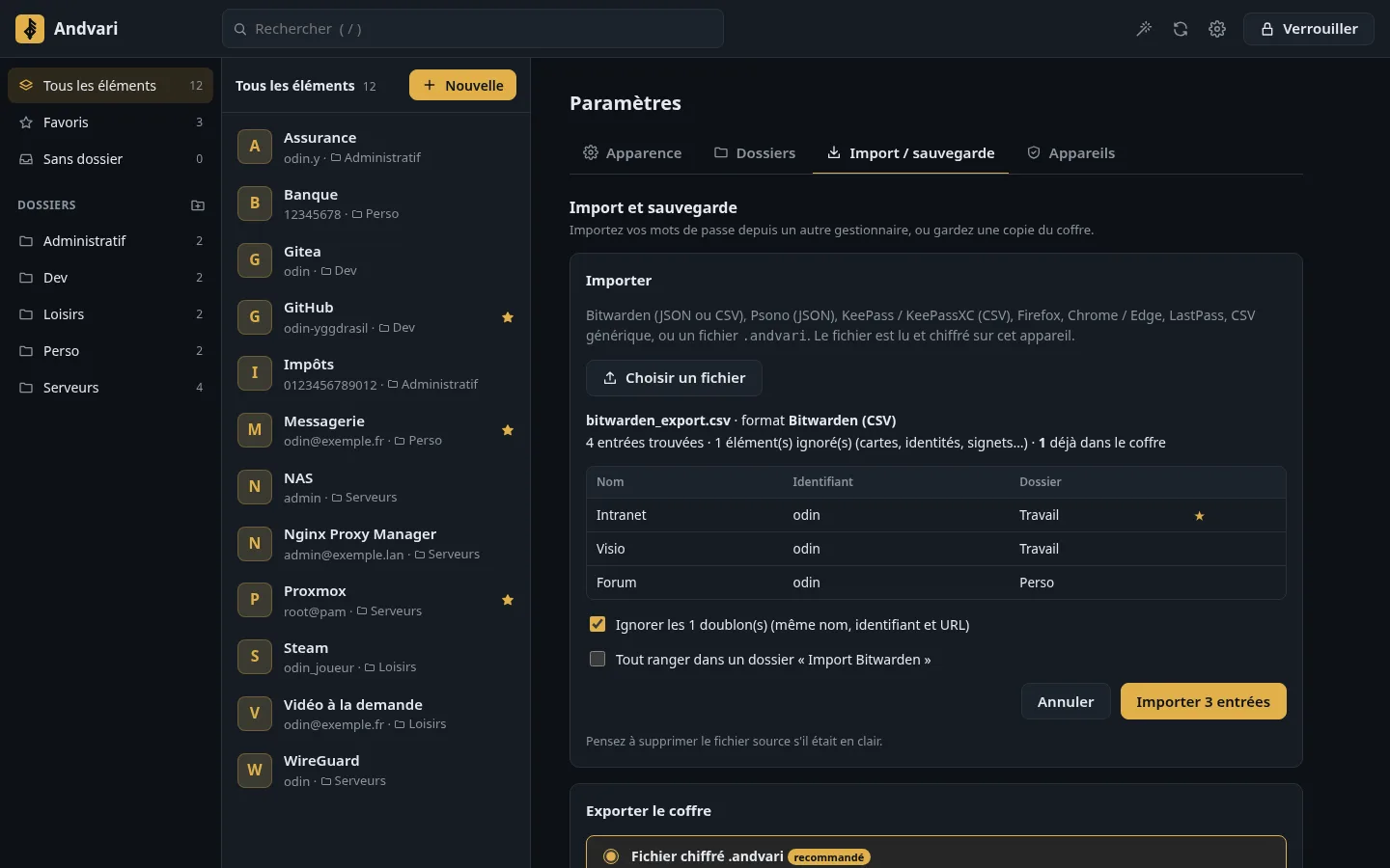 Import d'un fichier Bitwarden : format reconnu, nombre d'entrées, doublons repérés et aperçu